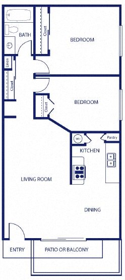 Floor plan for 2 beds, 1 bath, 905 sqft